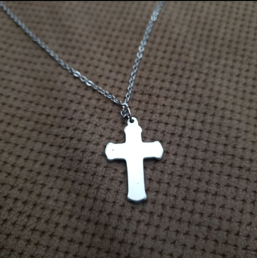 Cross Pendant Necklace Pink Mother Of Pearl Silver Tone